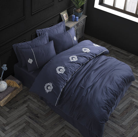 Hobby Elegant Olympos Navy Blue - Double Embroidery Satin Duvet Cover Set