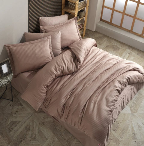 Hobby striped Milk Coffee - Double Jacquard Satin Duvet Cover Set