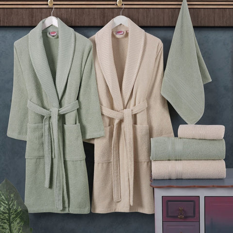 Hobby Casual - Cotton Bathrobe Set - Cream Water Green