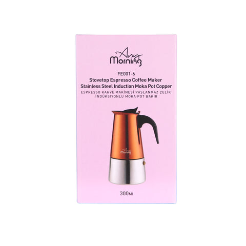 Any Morning Stovetop Espresso Coffee Maker Stainless Steel Induction Moka Pot, 300 ml - 10 oz, Copper