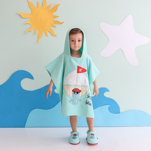 Milk&Moo Sailor Octopus Kids Poncho, %100 Cotton, Hooded Beach Towels for Kids, Open Sided, Ultra Soft and Absorbent, Fun Animal Design, Surf Poncho, One Size, 22,5x24 inch (57x61 cm), Blue