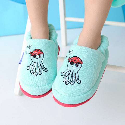 Milk&Moo Kids House Slippers Sailor Octopus, Washable, Indoor, Soft and Absorbent Towel Fabric, Embroidered Animal Design, For Girls and Boys, Non-Slip, Elastic Band, 4-5 Year Old, Turquoise