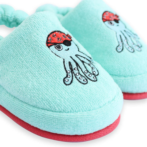 Milk&Moo Kids House Slippers Sailor Octopus, Washable, Indoor, Soft and Absorbent Towel Fabric, Embroidered Animal Design, For Girls and Boys, Non-Slip, Elastic Band, 4-5 Year Old, Turquoise