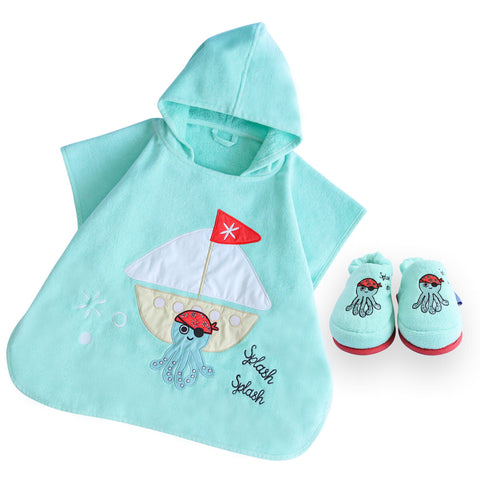 Milk&Moo Kids Poncho and House Slippers Set Sailor Octopus, Ultra Soft and Absorbent Fabric, %100 Cotton, Fun Animal Design, Suitable for 4-6 Year Old Children, Blue